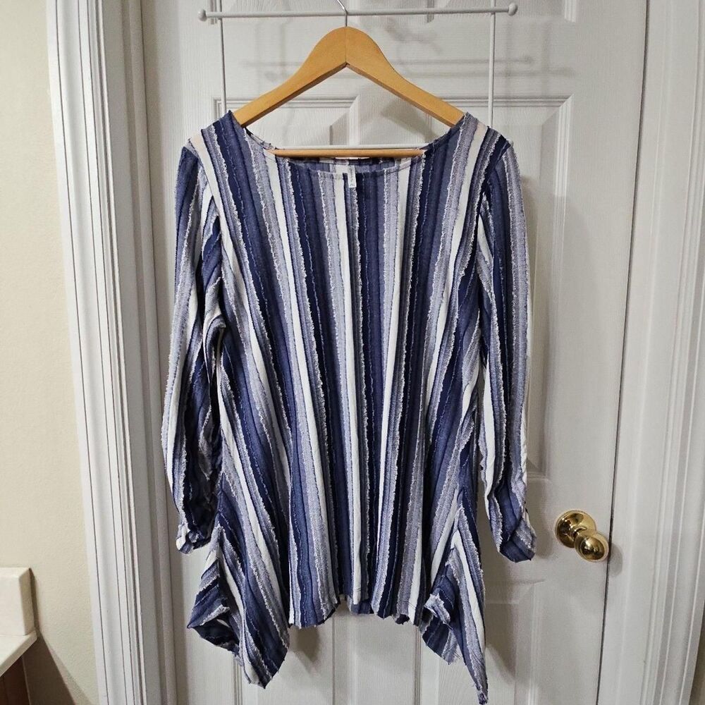 Passports Blue White Striped Long Sleeve Raw Edge Asymmetrical Tunic Top Size L